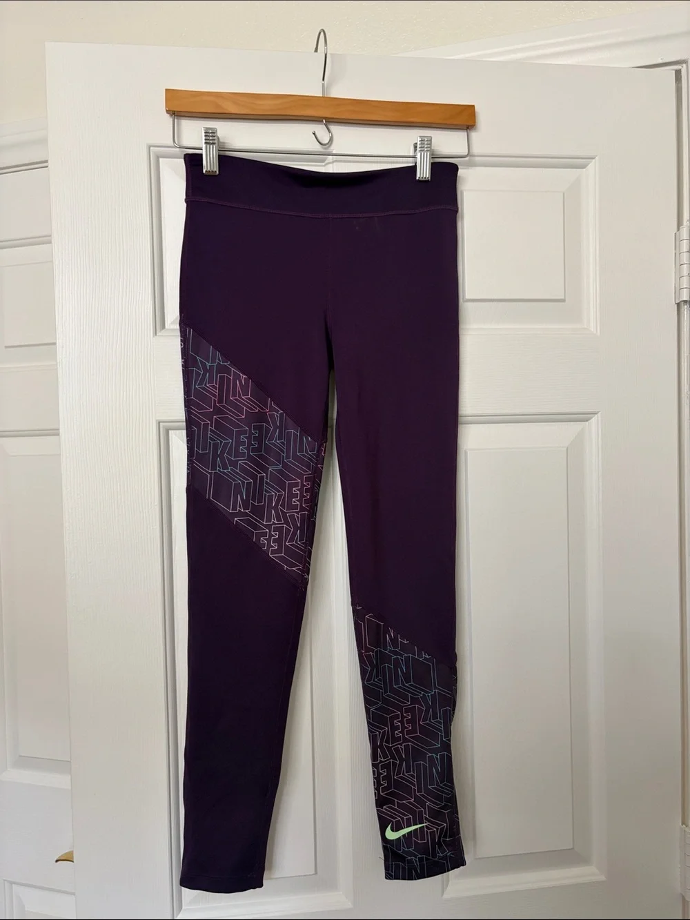 Nike Purple Girls' Leggings with Geometric Panel and Neon Swoosh